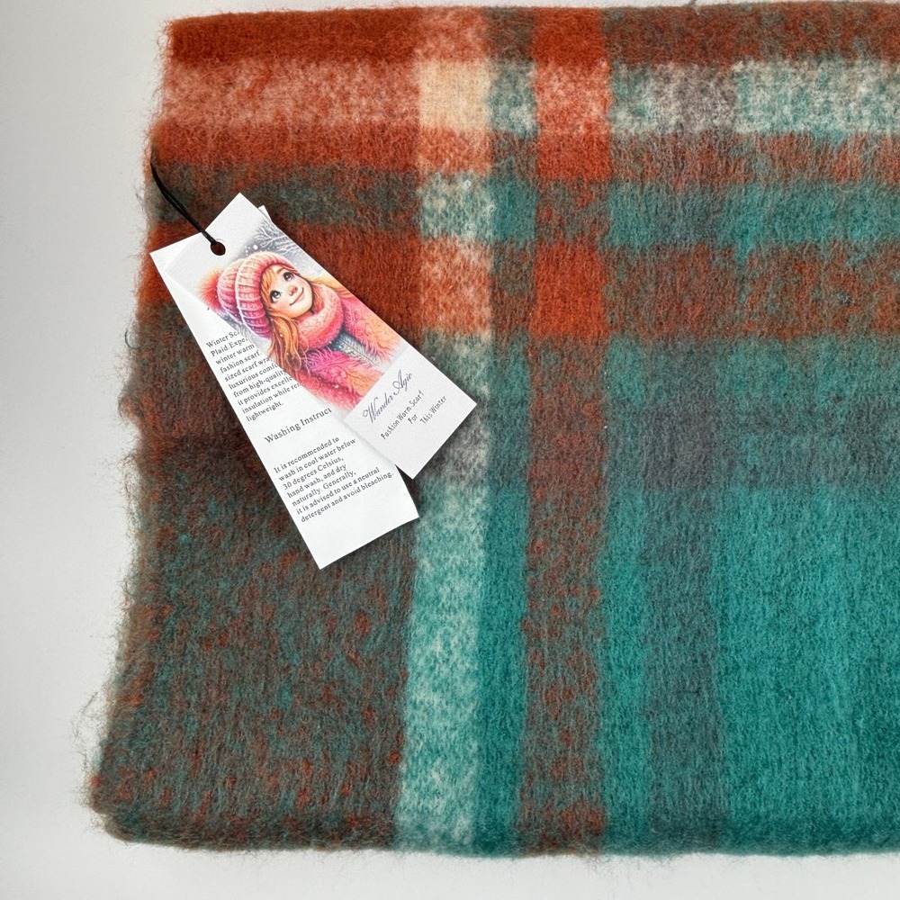NWT Wander‎ Agio Colorful Plaid Winter Scarf Rust Teal 84" L 16" Fringe 15" W